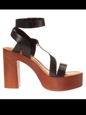 . Yoki Black/Brown/Tan Faux Wood Heeled Sandals